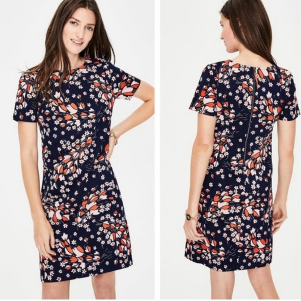 Boden Navy Floral Shift Dress with Coral and White Accents